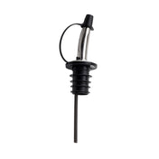 A stainless steel pourer with a tapered spout, black rubber ribbed base for sealing, and a black tethered cap attached by a small loop. The angled spout allows easy pouring, making it ideal for Cash & Carry Pourers. Background is plain white.
