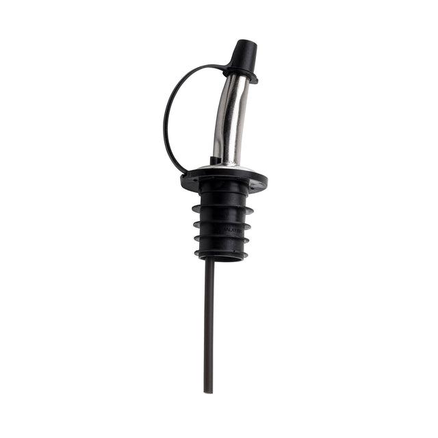 A stainless steel pourer with a tapered spout, black rubber ribbed base for sealing, and a black tethered cap attached by a small loop. The angled spout allows easy pouring, making it ideal for Cash & Carry Pourers. Background is plain white.