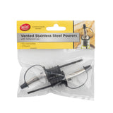 A sealed package holds two Cash & Carry Pourers—vented stainless steel pourers with black rubber fins and a black tethered cap. The yellow label reads "Vented Stainless Steel Pourers with Tethered Cap" and displays a picture of a pourer on a bottle.