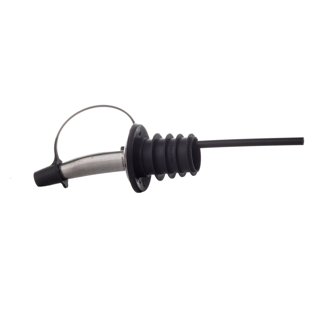 A metal and black rubber spout, similar to Cash & Carry Pourers, with a flexible black straw attached. It features a curved stainless steel tube, circular rubber flange, accordion-style seal, and a black tethered cap secured by a small wire loop.