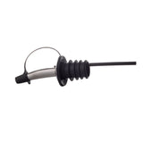 A metal and black rubber spout, similar to Cash & Carry Pourers, with a flexible black straw attached. It features a curved stainless steel tube, circular rubber flange, accordion-style seal, and a black tethered cap secured by a small wire loop.