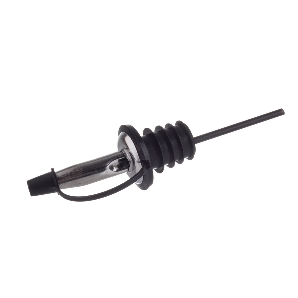 A close-up of a stainless steel pourer with a black rubber stopper. The spout has a tapered nozzle for controlled pouring and a black tethered cap attached by a small strap. The ridged stopper ensures a secure fit in the bottle neck—ideal for Cash & Carry Pourers.