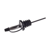 A close-up of a stainless steel pourer with a black rubber stopper. The spout has a tapered nozzle for controlled pouring and a black tethered cap attached by a small strap. The ridged stopper ensures a secure fit in the bottle neck—ideal for Cash & Carry Pourers.