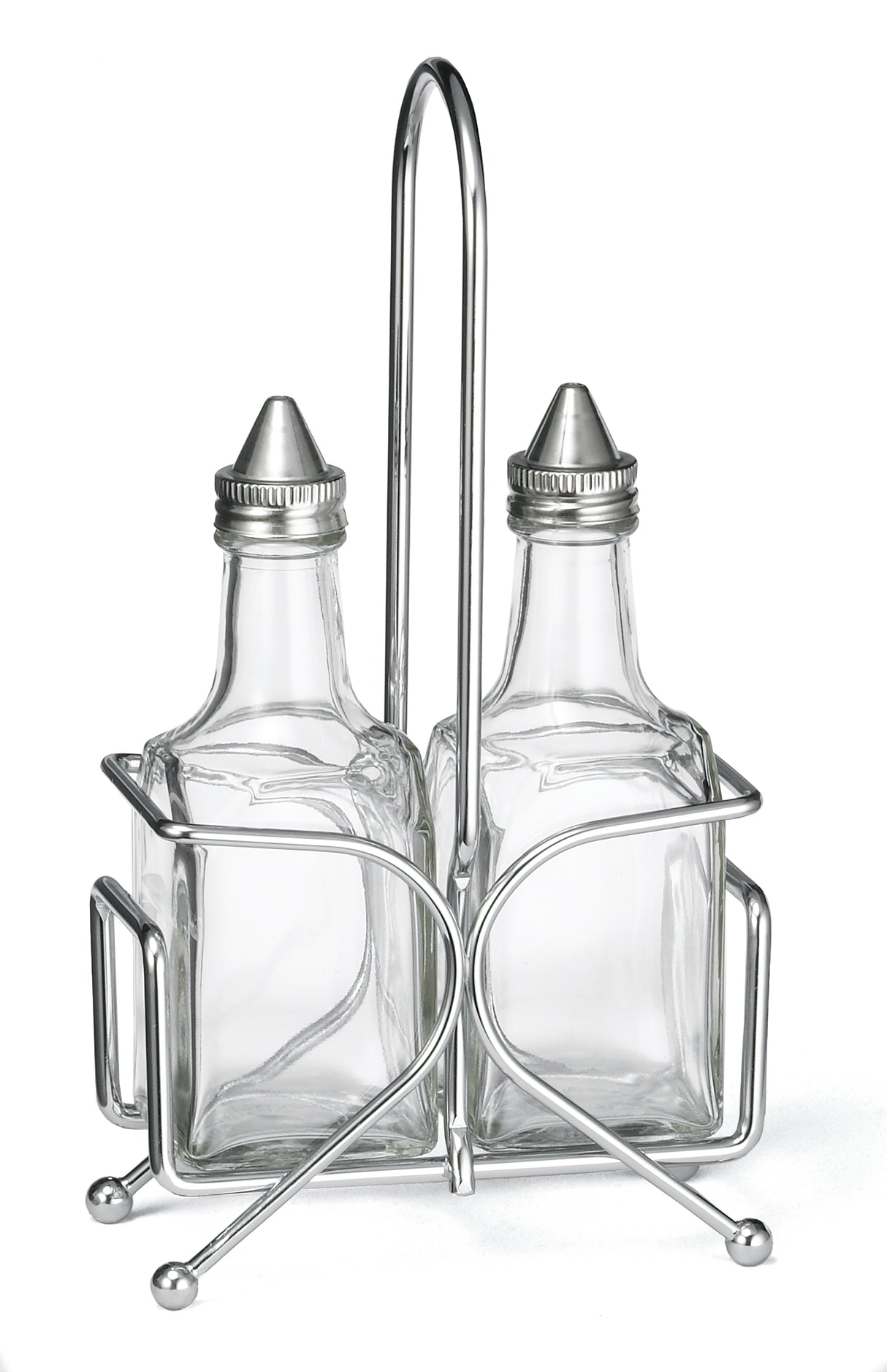 Two clear TableCraft glass bottles with metal pour spouts sit side by side in a silver geometric holder. Perfect as an Oil & Vinegar Dispenser Set, this stylish piece is ideal for any Cash & Carry setup. Bottles are empty; background is plain white.