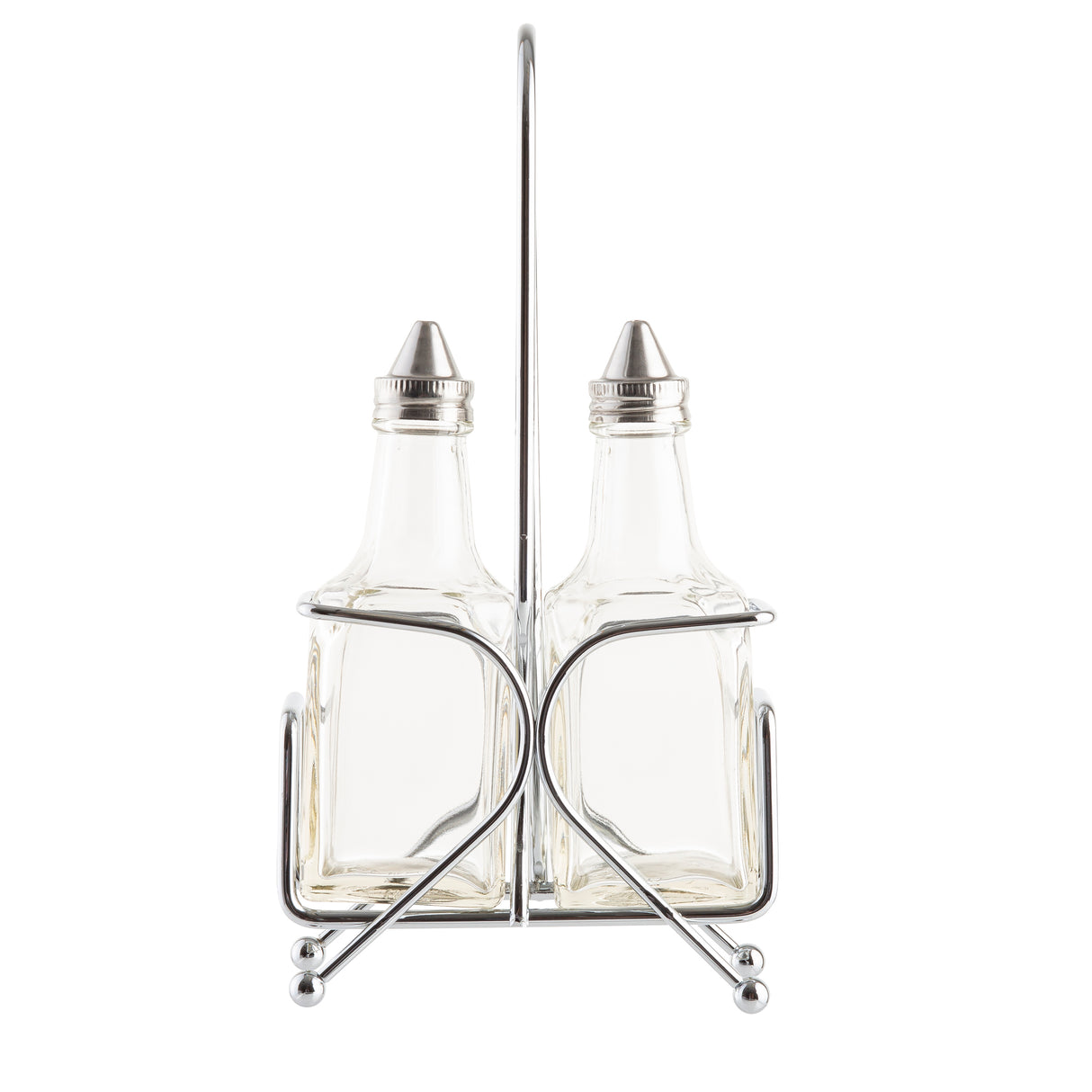 The TableCraft Oil & Vinegar Dispenser Set features two clear glass bottles with metal screw caps in a silver wire holder with a tall handle. Perfect for condiments, this Cash & Carry essential is ideal for stylish tabletop service.