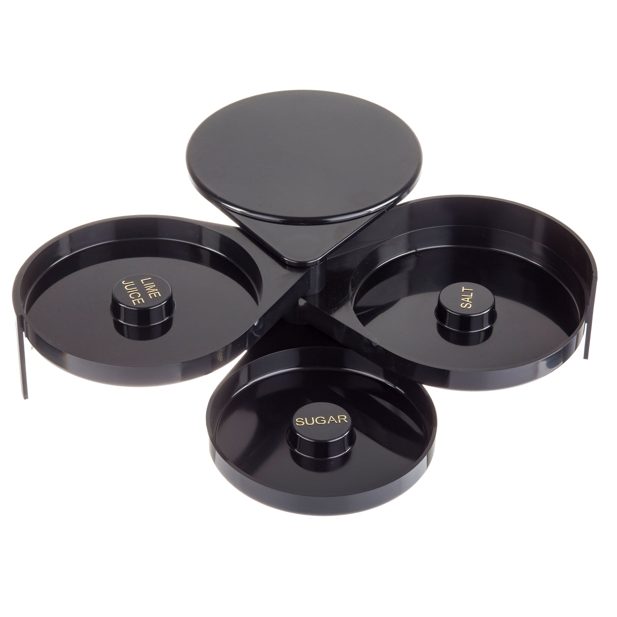 A sleek, glossy TableCraft glass rimmer featuring three circular trays labeled LIME JUICE, SALT, and SUGAR in gold text. The black, tiered design fans out for easy cocktail prep and is conveniently dishwasher safe.