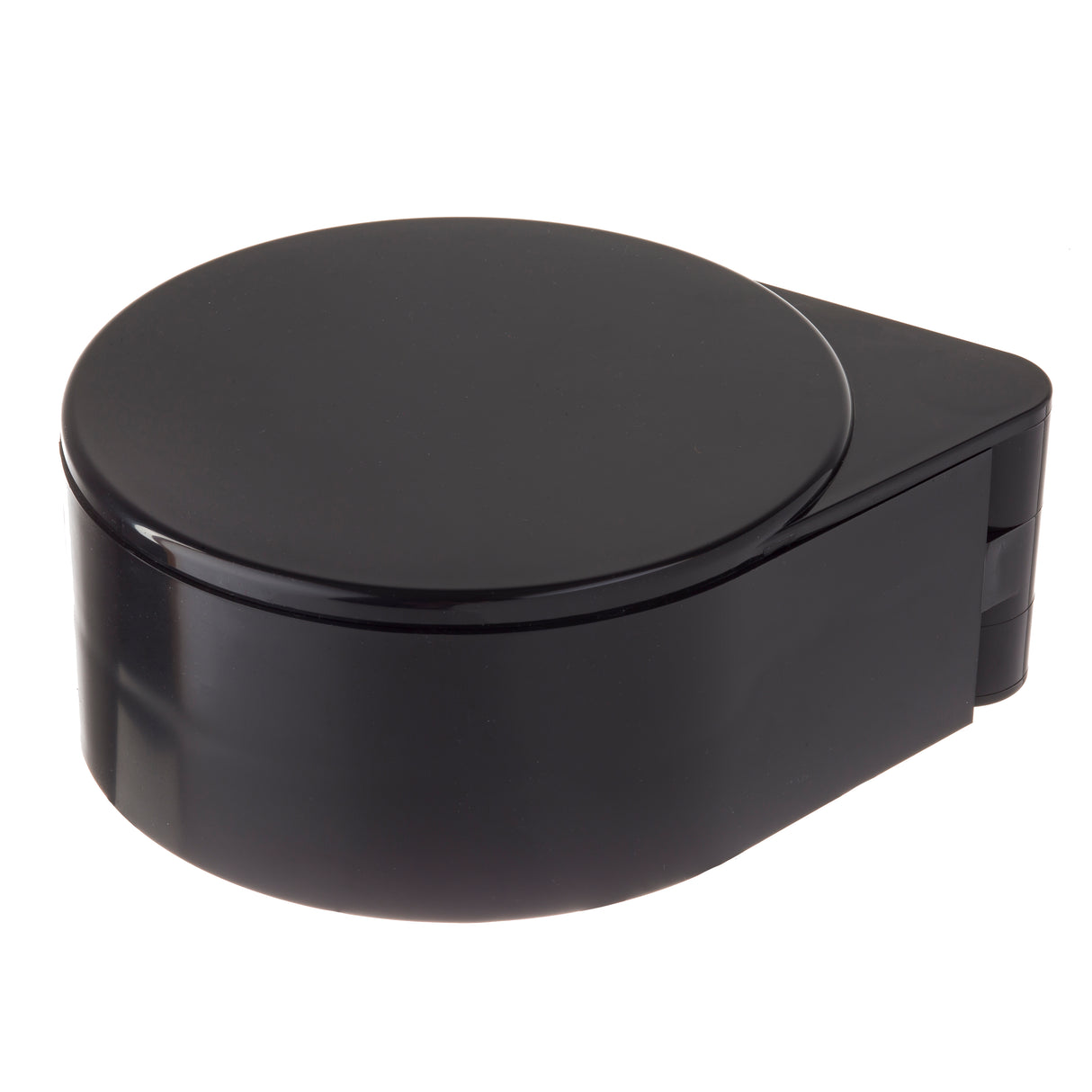 A black, round, plastic TableCraft container with a glossy finish and hinged lid, viewed from an angle. Designed for use as a glass rimmer, it features a small rectangular extension at the hinge and is dishwasher safe for easy cleaning.