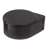 A black, round, plastic TableCraft container with a glossy finish and hinged lid, viewed from an angle. Designed for use as a glass rimmer, it features a small rectangular extension at the hinge and is dishwasher safe for easy cleaning.