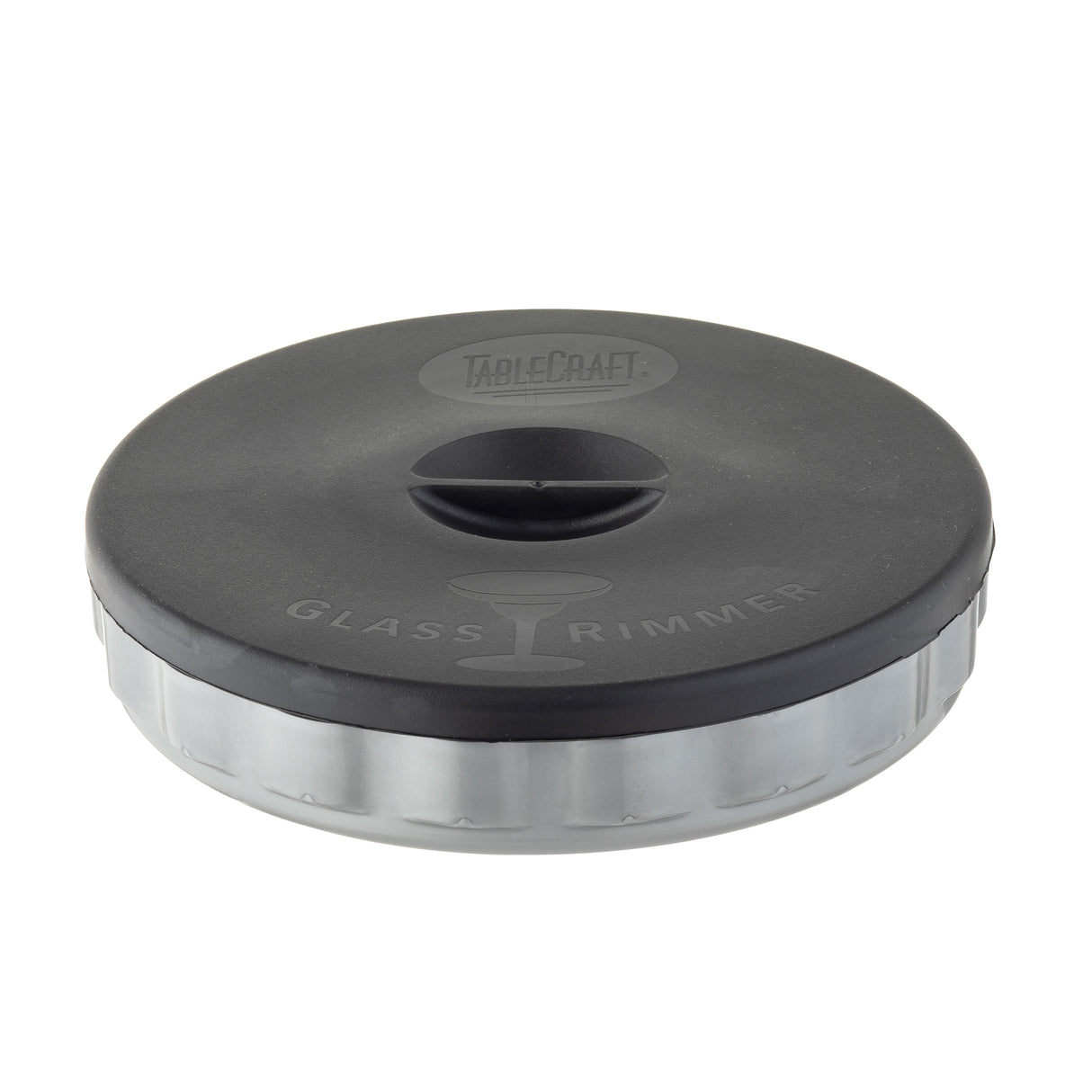 A round, black and clear polypropylene container labeled TableCraft Glass Rimmer with an illustration of a cocktail glass; designed for coating glass rims with salt or sugar. The lid has a small, raised handle in the center and is dishwasher safe.