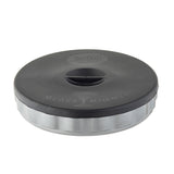 A round, black and clear polypropylene container labeled TableCraft Glass Rimmer with an illustration of a cocktail glass; designed for coating glass rims with salt or sugar. The lid has a small, raised handle in the center and is dishwasher safe.