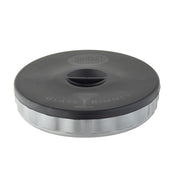A round, black and clear polypropylene container labeled TableCraft Glass Rimmer with an illustration of a cocktail glass; designed for coating glass rims with salt or sugar. The lid has a small, raised handle in the center and is dishwasher safe.