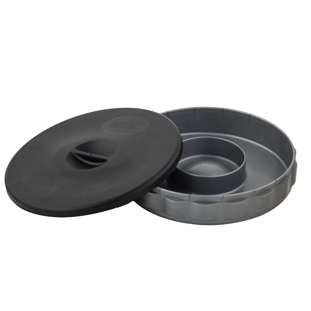 A round, gray polypropylene burger press with a black lid beside it. The base has a raised center for shaping burgers with a depression in the middle. Both dishwasher safe pieces are clean and unused, featuring an easy-grip handle and embossed text.