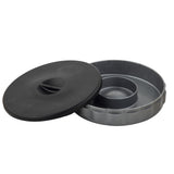 A round, gray polypropylene burger press with a black lid beside it. The base has a raised center for shaping burgers with a depression in the middle. Both dishwasher safe pieces are clean and unused, featuring an easy-grip handle and embossed text.