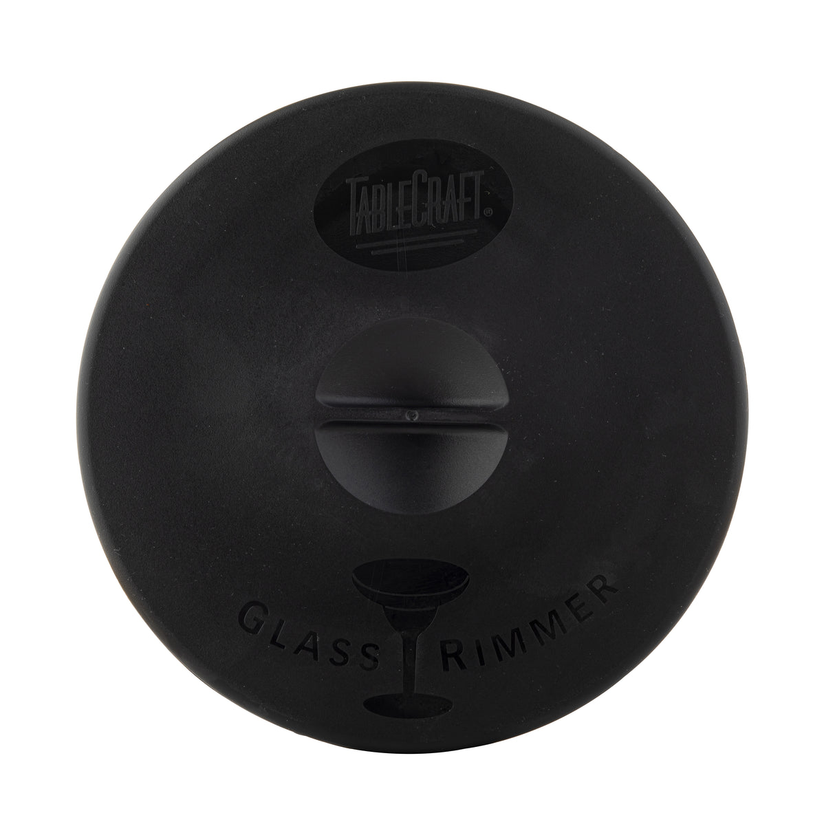 A black round lid from TableCraft Products labeled GLASS RIMMER with a martini glass icon at the bottom. The matte-finish lid features a central knob handle and is dishwasher safe.