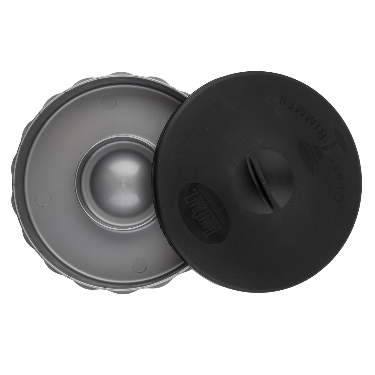 A top-down view of a round metal container with a black, partially open plastic lid labeled “TRIMMER GLASS.” The TableCraft Products Glass Rimmer features a shiny, silver interior and is dishwasher safe for easy cleaning.
