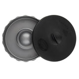 A top-down view of a round metal container with a black, partially open plastic lid labeled “TRIMMER GLASS.” The TableCraft Products Glass Rimmer features a shiny, silver interior and is dishwasher safe for easy cleaning.