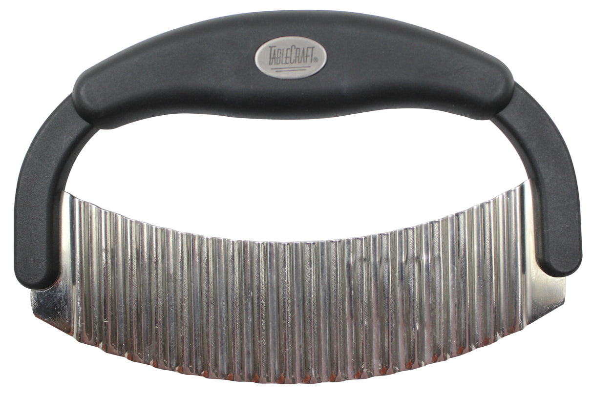 A crinkle food cutter with a black curved handle and a wide, wavy stainless steel blade, designed for slicing vegetables into ridged shapes. The handle features a metallic oval logo in the center and is dishwasher safe for easy cleaning.