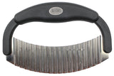 A crinkle food cutter with a black curved handle and a wide, wavy stainless steel blade, designed for slicing vegetables into ridged shapes. The handle features a metallic oval logo in the center and is dishwasher safe for easy cleaning.