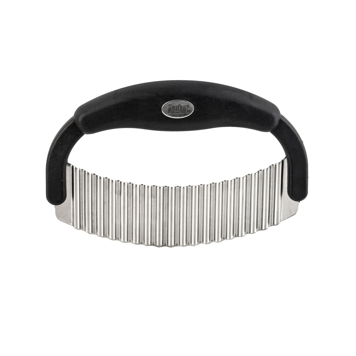 A dishwasher safe crinkle food cutter with a black, curved handle and a wide, wavy stainless steel blade. The blade has vertical grooves for crinkle-cut shapes, and an oval metal logo plate is set into the handle’s center. The background is white.