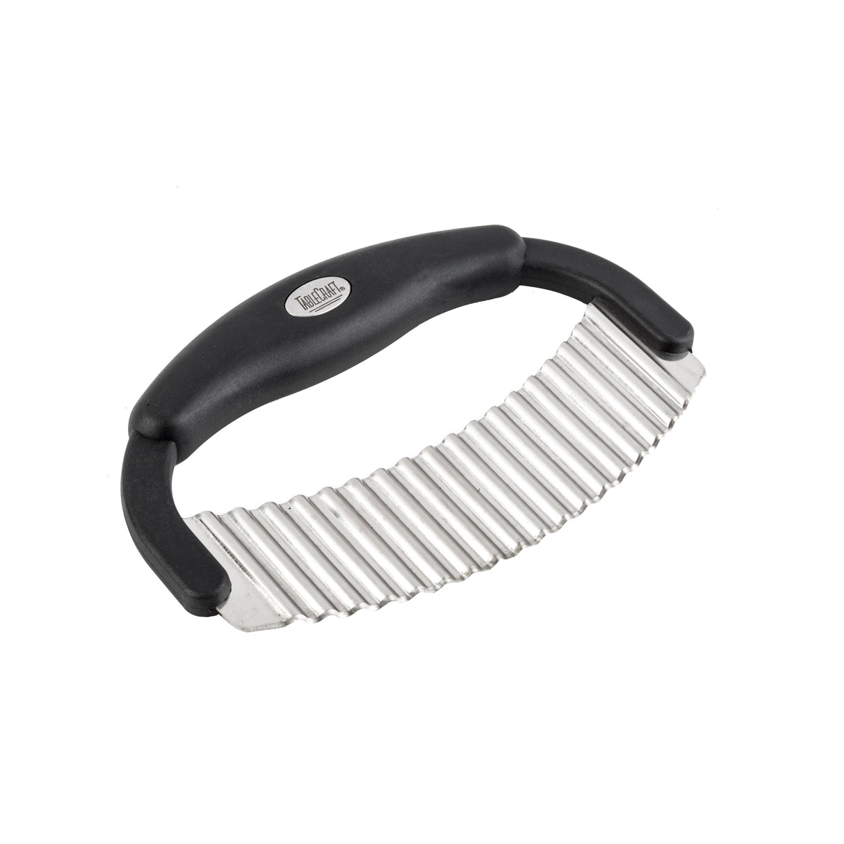 A crinkle food cutter with a black plastic handle and a stainless steel blade, perfect for cutting vegetables or potatoes into wavy shapes. The curved handle offers excellent grip, and the cutter is dishwasher safe for easy cleaning.