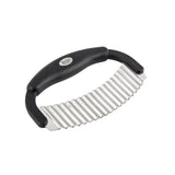 A crinkle food cutter with a black plastic handle and a stainless steel blade, perfect for cutting vegetables or potatoes into wavy shapes. The curved handle offers excellent grip, and the cutter is dishwasher safe for easy cleaning.