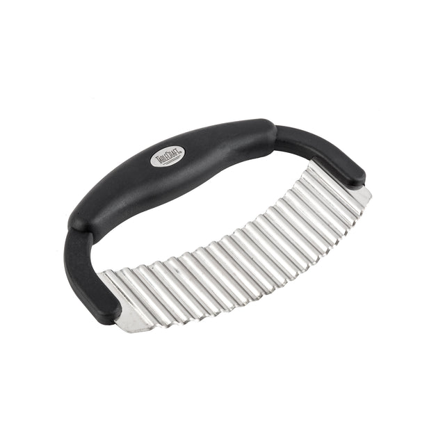 A crinkle food cutter with a black plastic handle and a stainless steel blade, perfect for cutting vegetables or potatoes into wavy shapes. The curved handle offers excellent grip, and the cutter is dishwasher safe for easy cleaning.