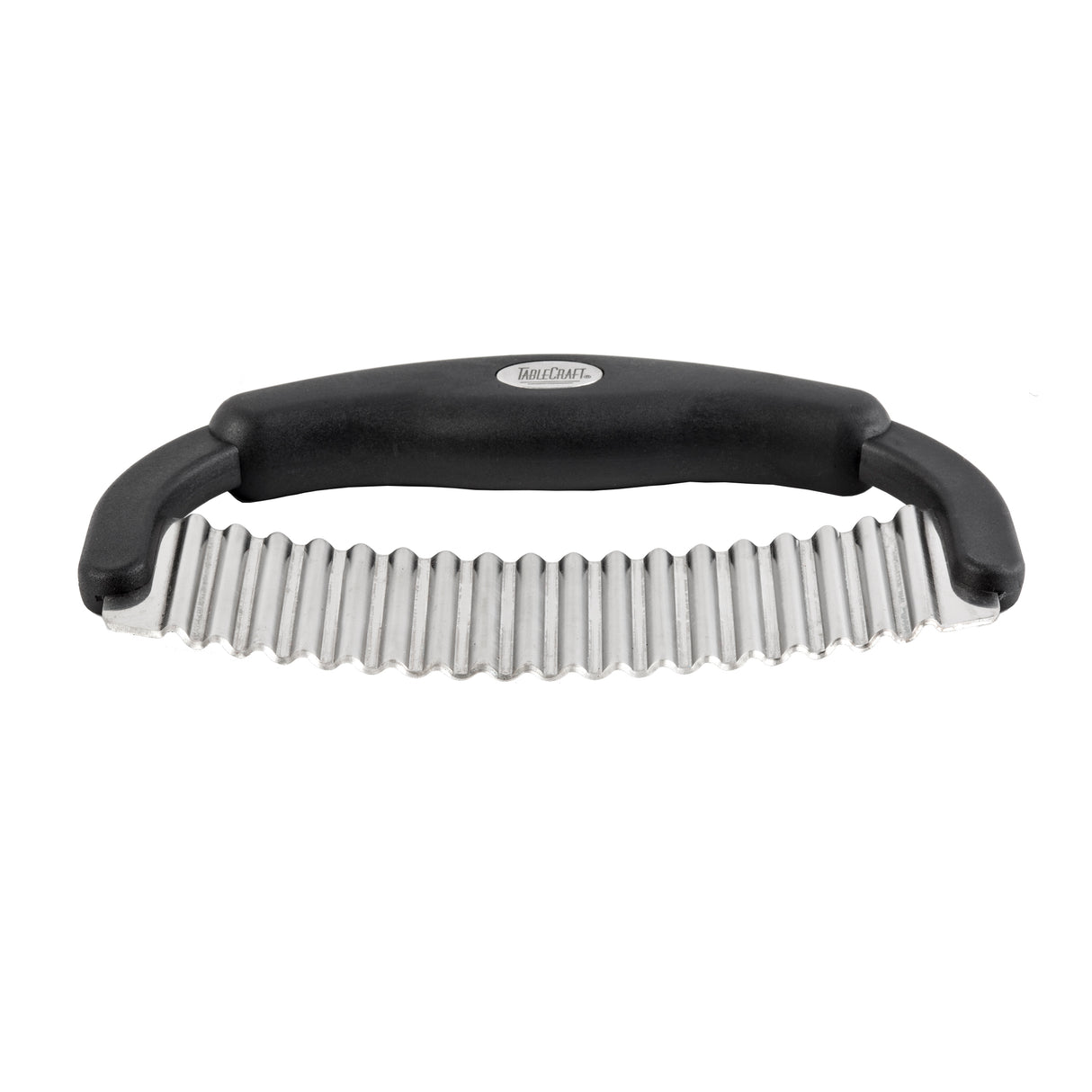 A crinkle food cutter with a black, ergonomic handle and a wavy-edged stainless steel blade designed for cutting foods into crinkle shapes. The brand name is visible on the center of the handle. Dishwasher safe and shown against a white background.