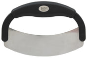 A handheld mezzaluna food cutter with a curved stainless steel blade and black ergonomic handle, designed for easy rocking motion to chop herbs or vegetables. The handle features a metallic oval label with the brand name TableCraft.