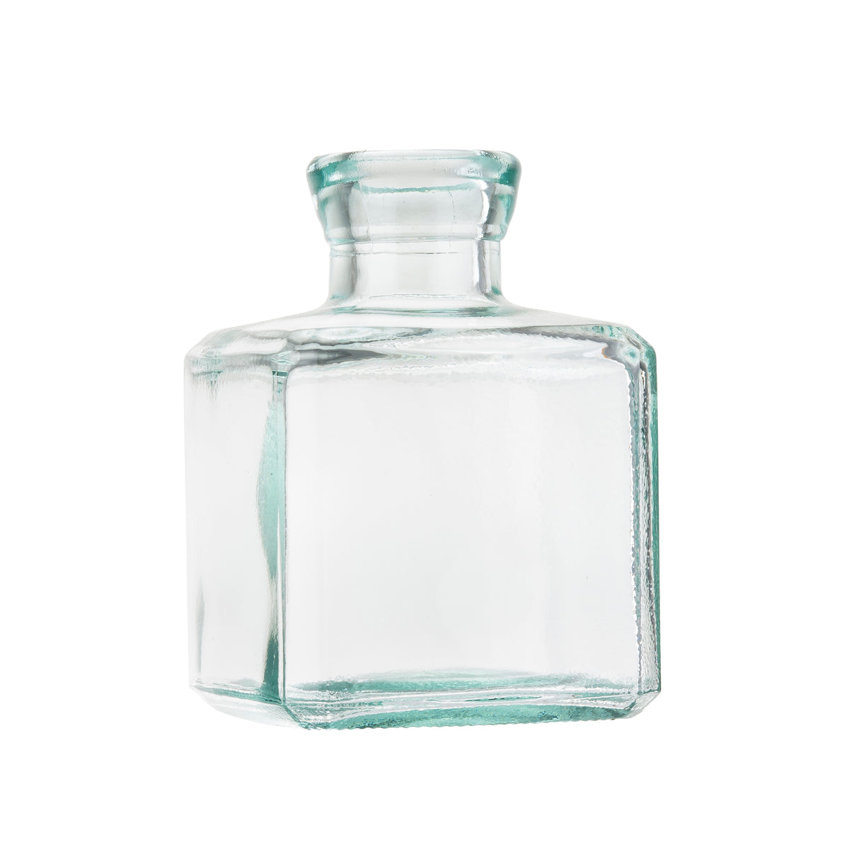 A small, clear recycled glass bottle with a short neck and a wide, flat, square-shaped body. The empty vase features a smooth surface with slightly rounded edges and is photographed on a white background.