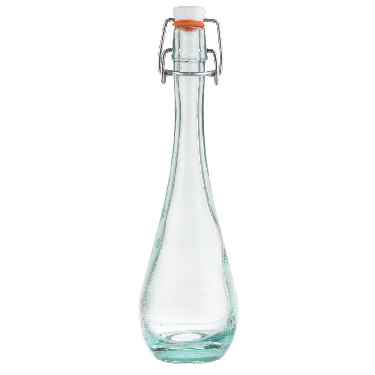 A clear TableCraft glass bottle with a long, narrow neck and round base. Featuring an orange rubber gasket and white ceramic stopper, this resealable bottle is secured with a metal wire clasp. The empty bottle is photographed on a white background.