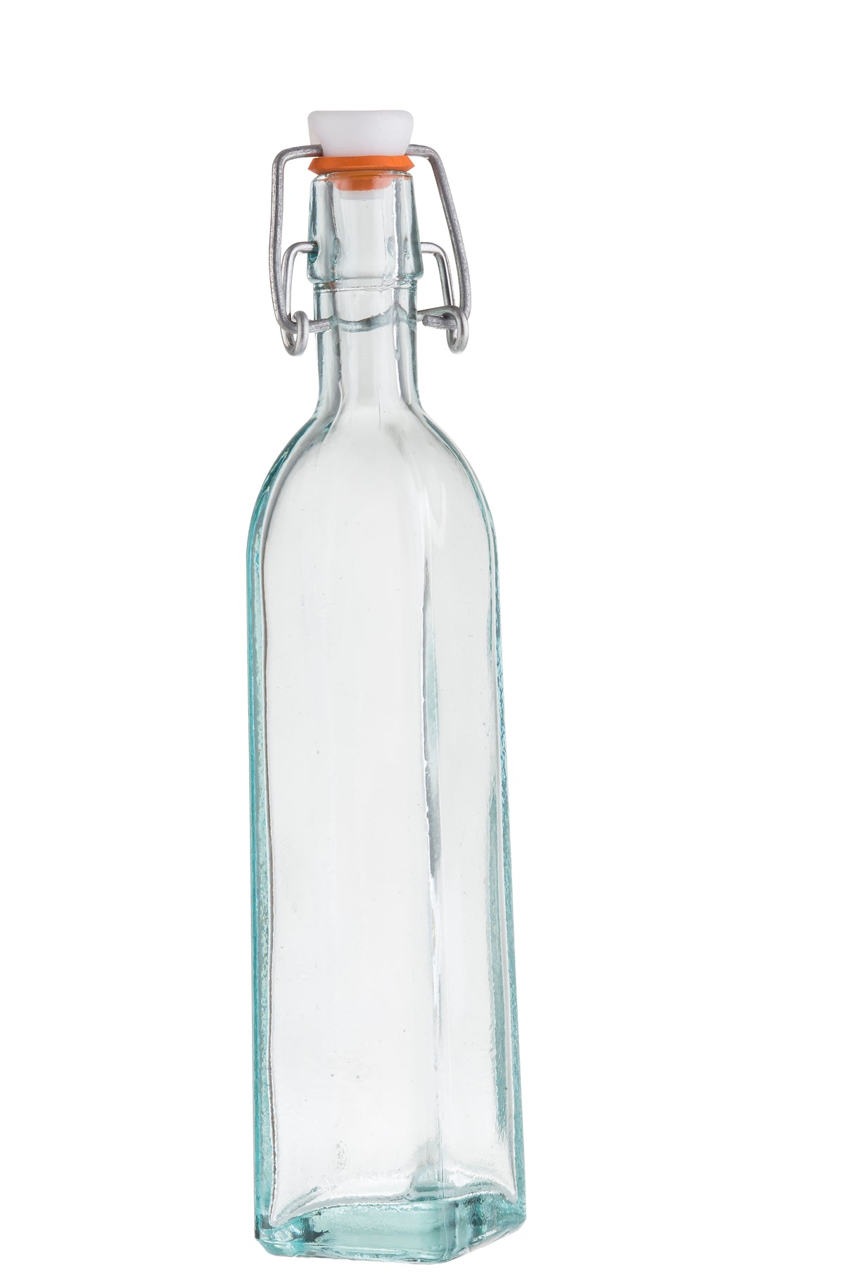 A clear, empty TableCraft glass bottle with a square base and rounded shoulders, crafted from recycled glass and topped with a white ceramic swing-top lid and metal clasp. This resealable bottle stands upright against a plain white background.