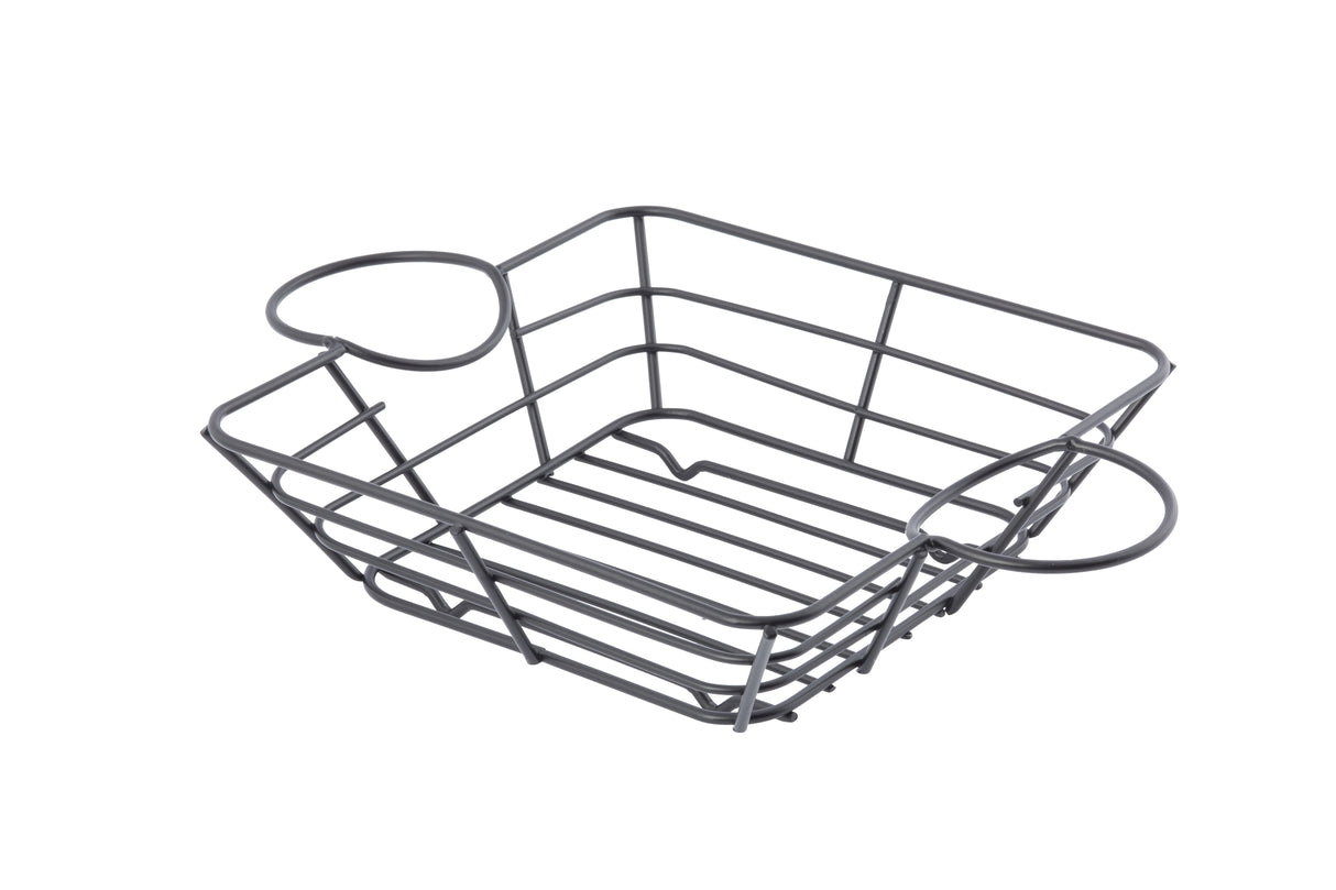 A square, black powder-coated steel basket with open sides and base, featuring two large, circular handles on opposite sides. The simple design gives the Meranda Collection Basket a lightweight and modern appearance, ideal for storage or organizing items.