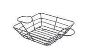 A square, black powder-coated steel basket with open sides and base, featuring two large, circular handles on opposite sides. The simple design gives the Meranda Collection Basket a lightweight and modern appearance, ideal for storage or organizing items.