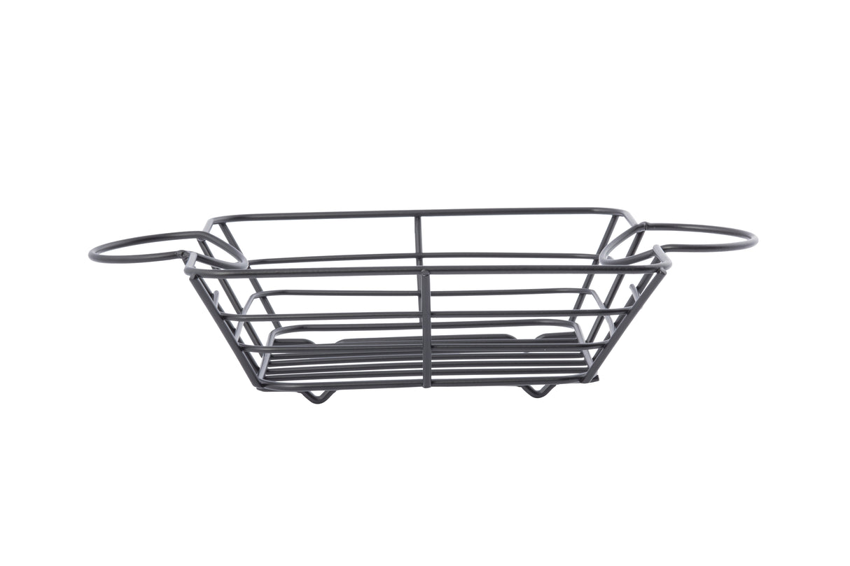 A rectangular Meranda Collection Basket made from black powder-coated steel, featuring two round side handles and an open grid design with integrated ramekin holders, is photographed empty against a plain white background.