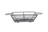A rectangular Meranda Collection Basket made from black powder-coated steel, featuring two round side handles and an open grid design with integrated ramekin holders, is photographed empty against a plain white background.