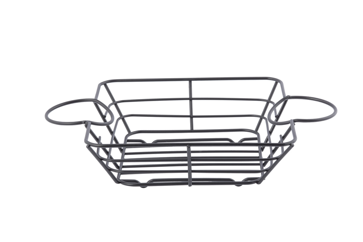 A rectangular black powder-coated steel wire basket from the Meranda Collection, featuring open sides, two round handles, and a minimalist design with evenly spaced wires forming its structure.