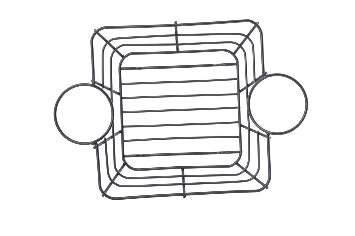A black powder-coated steel Meranda Collection Basket wire rack with a square center section and two round handles, viewed from above. The rack features parallel bars forming the base and sides, and is isolated on a white background.