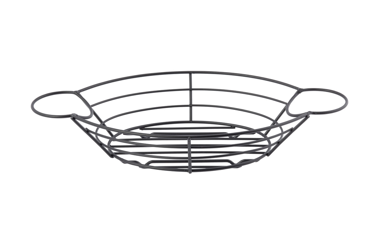 A black powder coated metal wire serving basket with a round, shallow shape features two large circular handles. Its open grid-like design makes it ideal as a ramekin holder, shown empty against a white background.