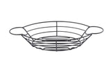 A black powder coated metal wire serving basket with a round, shallow shape features two large circular handles. Its open grid-like design makes it ideal as a ramekin holder, shown empty against a white background.