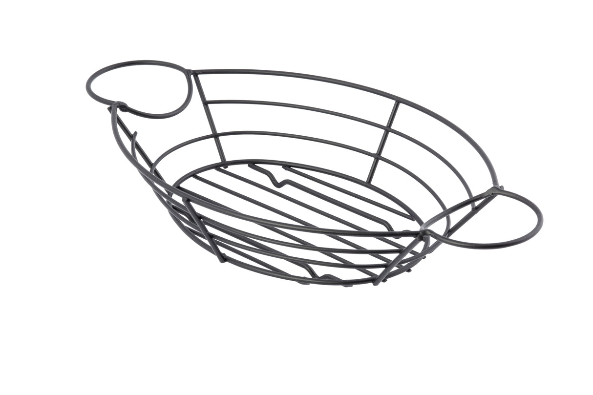 A black, oval-shaped serving basket with two round handles on either end. This metal black powder coated basket features a simple, open design with evenly spaced bars forming the sides and base. The background is plain white.