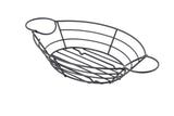A black, oval-shaped serving basket with two round handles on either end. This metal black powder coated basket features a simple, open design with evenly spaced bars forming the sides and base. The background is plain white.