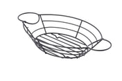 A black, oval-shaped serving basket with two round handles on either end. This metal black powder coated basket features a simple, open design with evenly spaced bars forming the sides and base. The background is plain white.