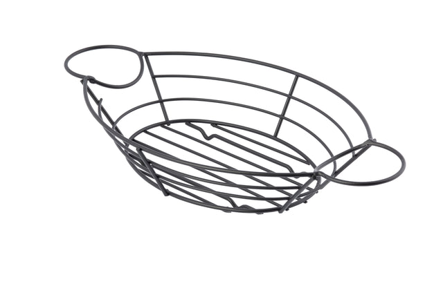 A black, oval-shaped serving basket with two round handles on either end. This metal black powder coated basket features a simple, open design with evenly spaced bars forming the sides and base. The background is plain white.