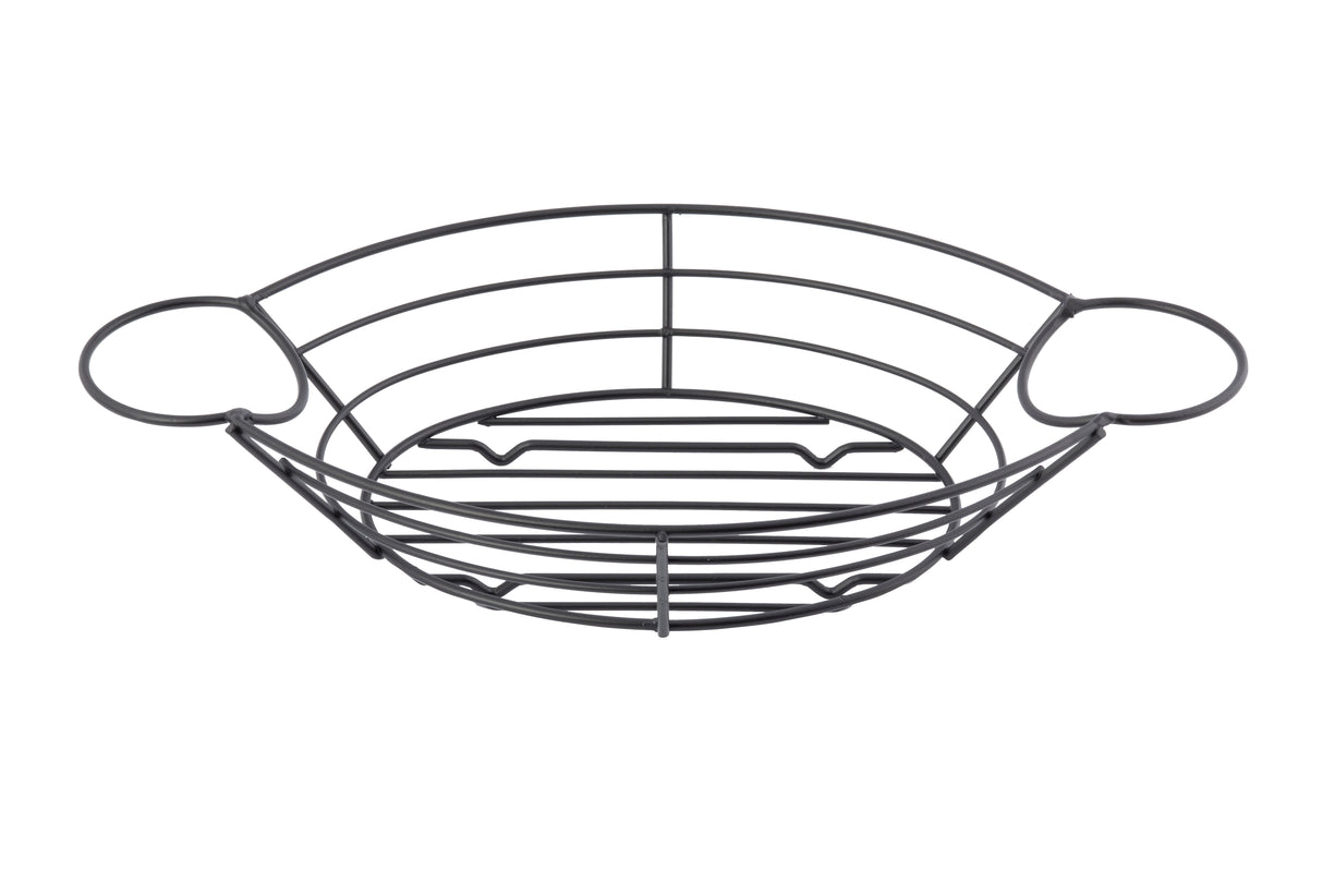 A black, oval-shaped serving basket with open sides and base. Featuring two round handles for easy carrying, its minimalist metal black powder coated design is perfect for holding fruits, bread, or other household items.