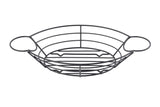A black, oval-shaped serving basket with open sides and base. Featuring two round handles for easy carrying, its minimalist metal black powder coated design is perfect for holding fruits, bread, or other household items.
