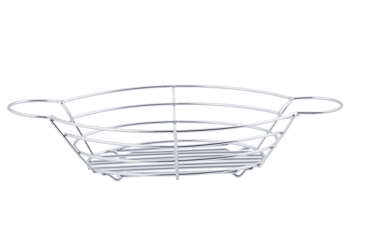 A chrome plated serving basket with two oval handles, featuring an open grid design, a flat circular base, and an integrated ramekin holder, shown empty on a white background.