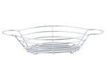 A chrome plated serving basket with two oval handles, featuring an open grid design, a flat circular base, and an integrated ramekin holder, shown empty on a white background.