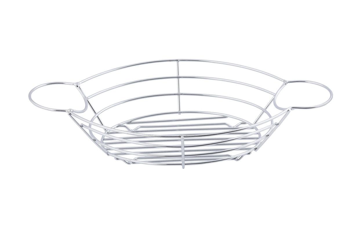 A round, shallow chrome plated wire serving basket with two looped handles on opposite sides. It features parallel horizontal wires and a grid-like base, creating an open, airy design in a polished silver finish.