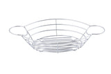 A round, shallow chrome plated wire serving basket with two looped handles on opposite sides. It features parallel horizontal wires and a grid-like base, creating an open, airy design in a polished silver finish.