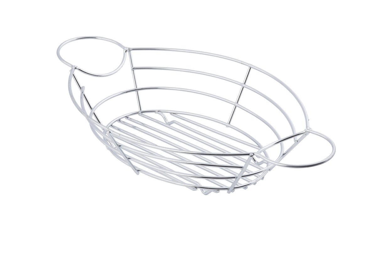 A chrome plated silver serving basket with an oval shape and open design, featuring two circular handles. Horizontal and vertical bars form the base and sides, perfect for stylish serving on a plain white background.